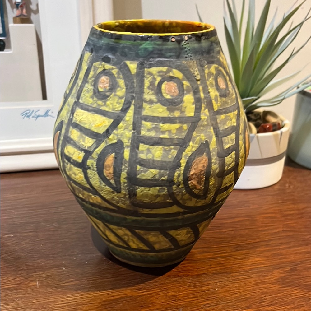 Handcrafted Yellow and Black Ceramic Vase from Italy